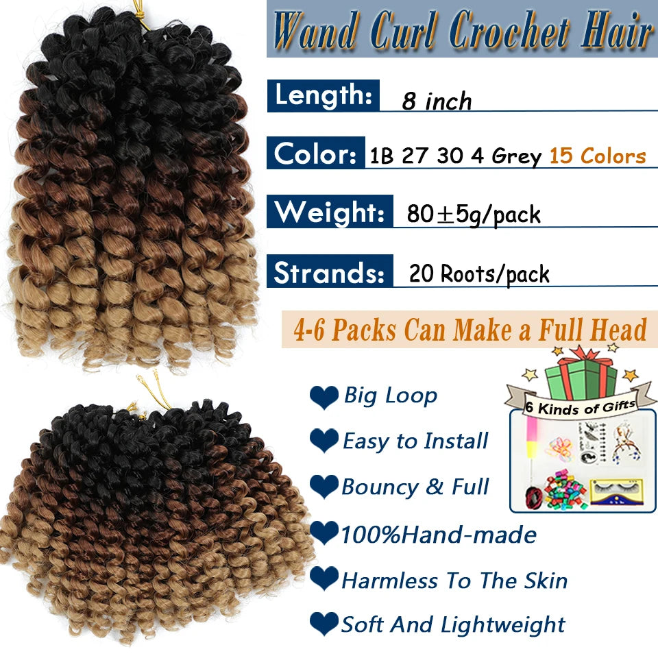 1- 5 Packs 8 inch Jumpy Wand Curl Jamaican Bounce Crochet Hair Natural Black Wand Curls Crochet Hair Short Curly Crochet Braids Badiee Stylez