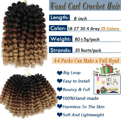 1- 5 Packs 8 inch Jumpy Wand Curl Jamaican Bounce Crochet Hair Natural Black Wand Curls Crochet Hair Short Curly Crochet Braids Badiee Stylez