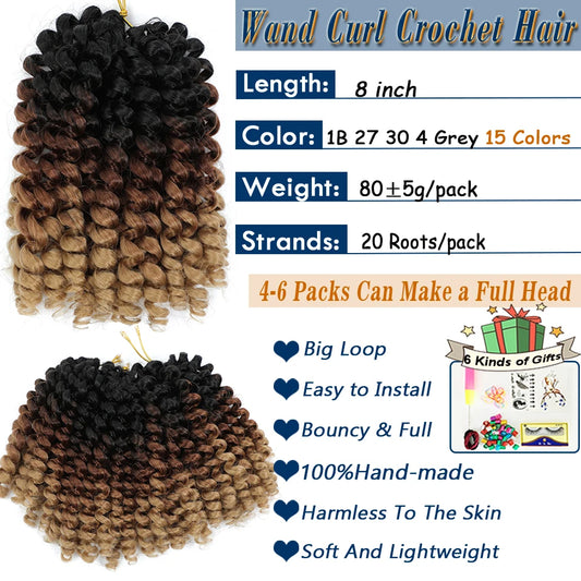 1- 5 Packs 8 inch Jumpy Wand Curl Jamaican Bounce Crochet Hair Natural Black Wand Curls Crochet Hair Short Curly Crochet Braids Badiee Stylez