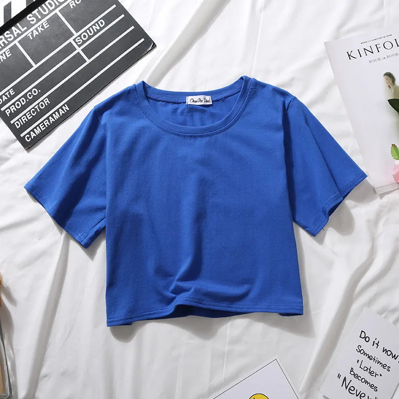 Summer Short Sleeve T Shirts Women Cotton Solid T-shirt O Neck High Waist Crop Top Tee Female Casual Loose T Shirt Badiee Stylez