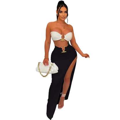 Customized Sexy Strapless Hollow Out Women Dress White Sleeveless High Slit Dress Female Autumn Skinny Elegant Party Clubwear 20