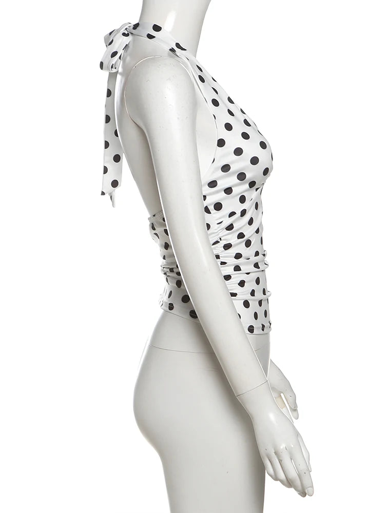 weird Puss Polka Dot Print Vest Women Y2K Lace-Up Backless Halter v-Neck Skinny Summer Trend Daily Street Basic Chic Tank Tops