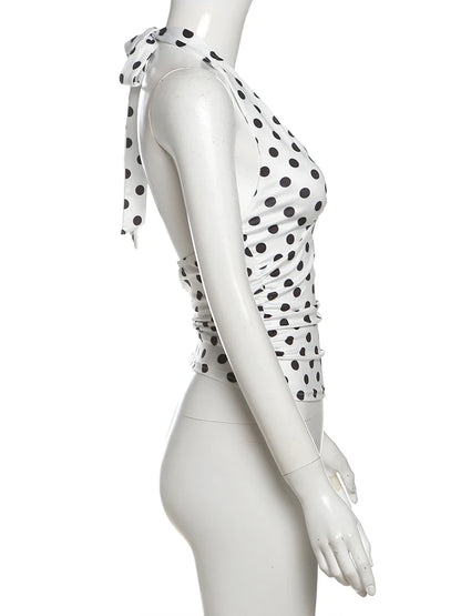 weird Puss Polka Dot Print Vest Women Y2K Lace-Up Backless Halter v-Neck Skinny Summer Trend Daily Street Basic Chic Tank Tops