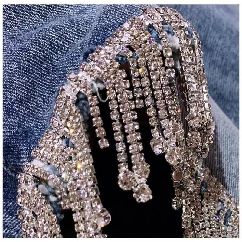 Sexy Wimen Rhinestones Fringed High Waist Hot Drilling Denim Shorts Diamonds Tassels Jeans Hot Pants Chic Crystal Short Trousers