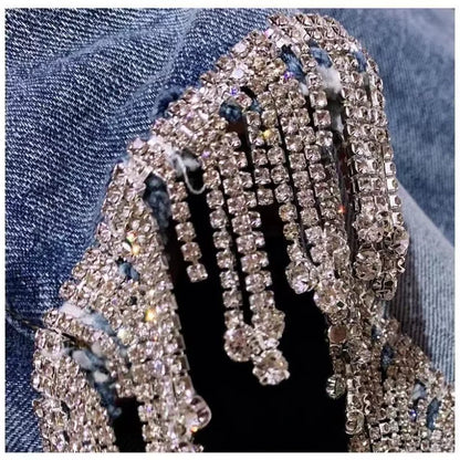 Sexy Wimen Rhinestones Fringed High Waist Hot Drilling Denim Shorts Diamonds Tassels Jeans Hot Pants Chic Crystal Short Trousers