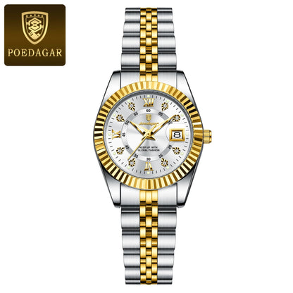 POEDAGAR Original Elegant Women's Watches Waterproof Luminous Date Women Watch Stainless Steel Quartz Fashion Ladies Wristwatch 780 Gold White