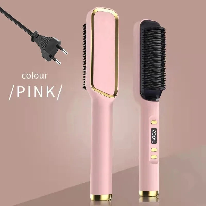 Electric Hot Comb Multifunctional Straight Hair Straightener Comb Negative Ion Anti-Scalding Styling Tool Straightening Brush Pink EU