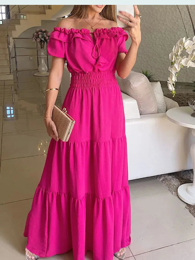 2025 Summer Solid Boho Dress Women Fashion Elegant Beach Party Dress Casual Slash Neck Office Maxi Dresses For Woman Robe Femme 10