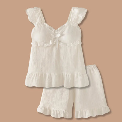 Two-piece Summer Solid Color Suspender Suit Pajamas for Women Sweet with Chest Pad Pajamas Vests Home Clothes 여자 잠옷 A