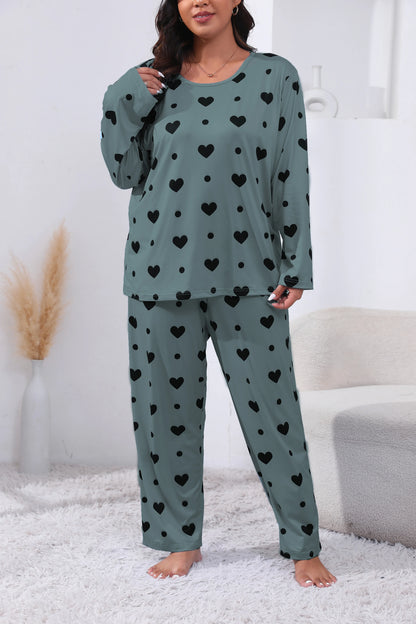 Plus Size Women's Heart Print Long Sleeve T-Shirt And Pants With Elastic 2pc Pajama Set,Women Round Neck Top and Trouser Pajama green