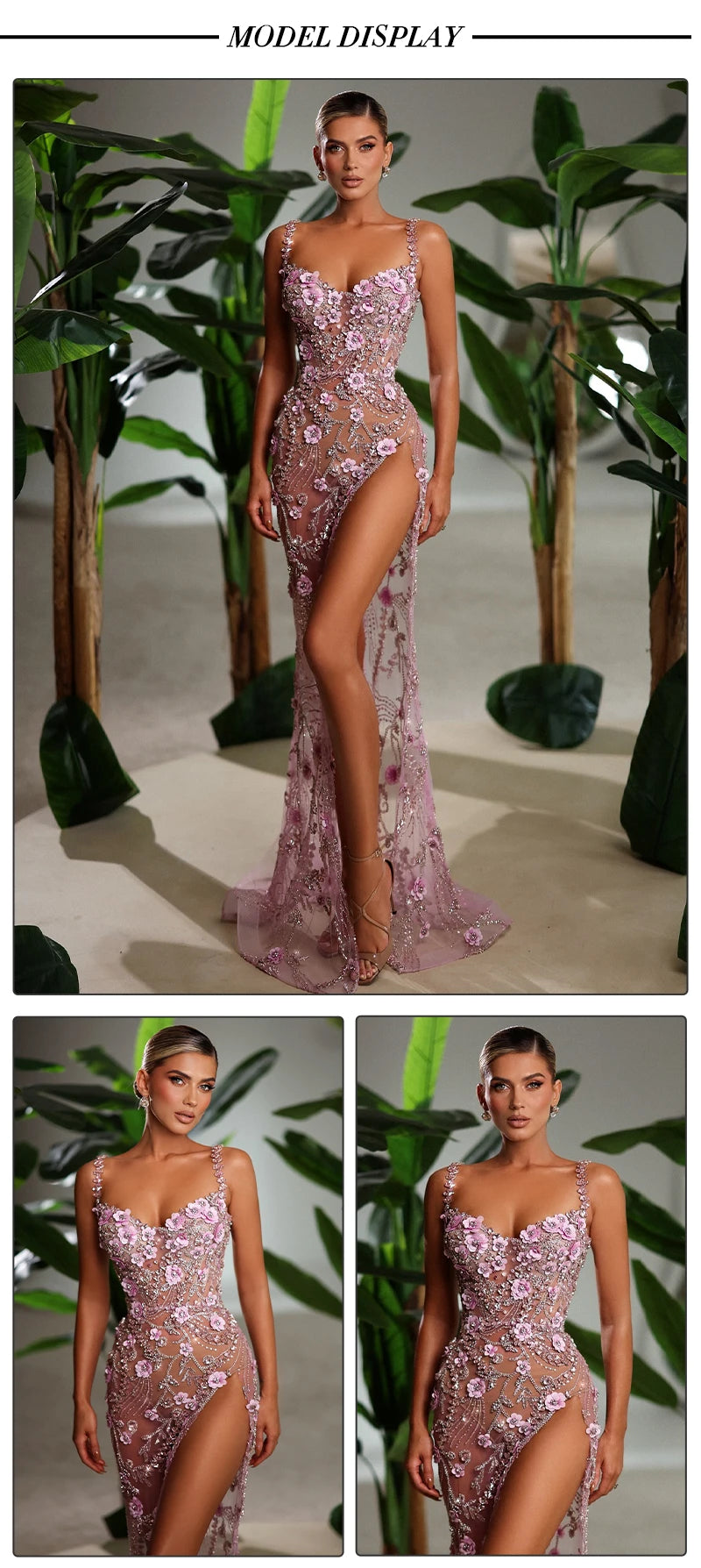 VC Diamond Beaded Spaghetti Strap Long Dress Pearls Sequins Structured Flowers High Split Sheer Mesh Trendy Celebrity Party Gown Badiee Stylez