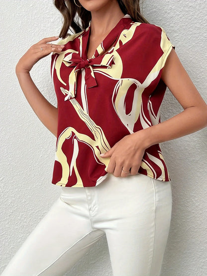 Brush Print Tie Neck Blouse, Elegant Short Sleeve Top For Spring & Summer, Women's Clothing