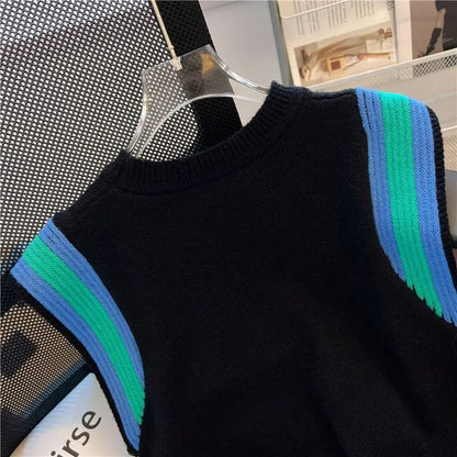 Summer New Fashion Patchwork Knitted Tanks Women Vintage Loose O-neck Soft Comfortable Casual Sleeveless Tops