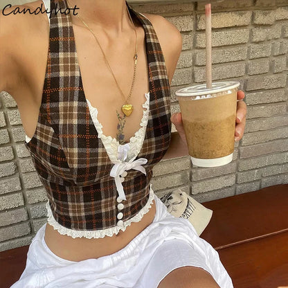 Candyhot Plaid Vintage Lace French Style Halter Crop Tops Retro Backless Sleeveless V-neck Slim Tops Casual Streetwear Camisole