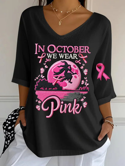 Women's Halloween Graphic Print T-Shirt Pink Ribbon Witch Halloween Costume T-Shirt Gifts Women Fashion Gothic Aesthetic Clothes