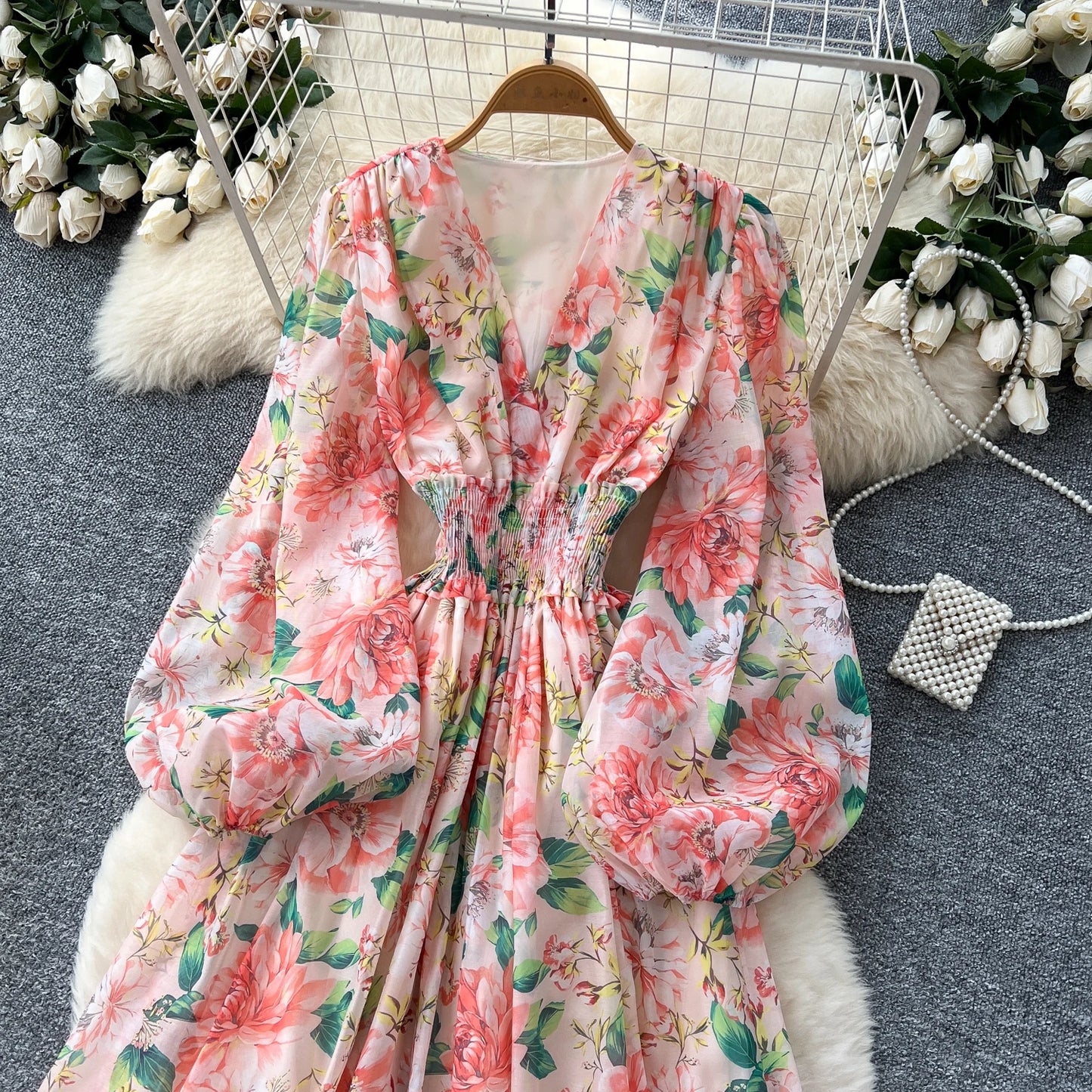 Chic vintage long sleeve lantern sleeve V-neck print pleated Elegant Fairy korean dress women clothing Long dress