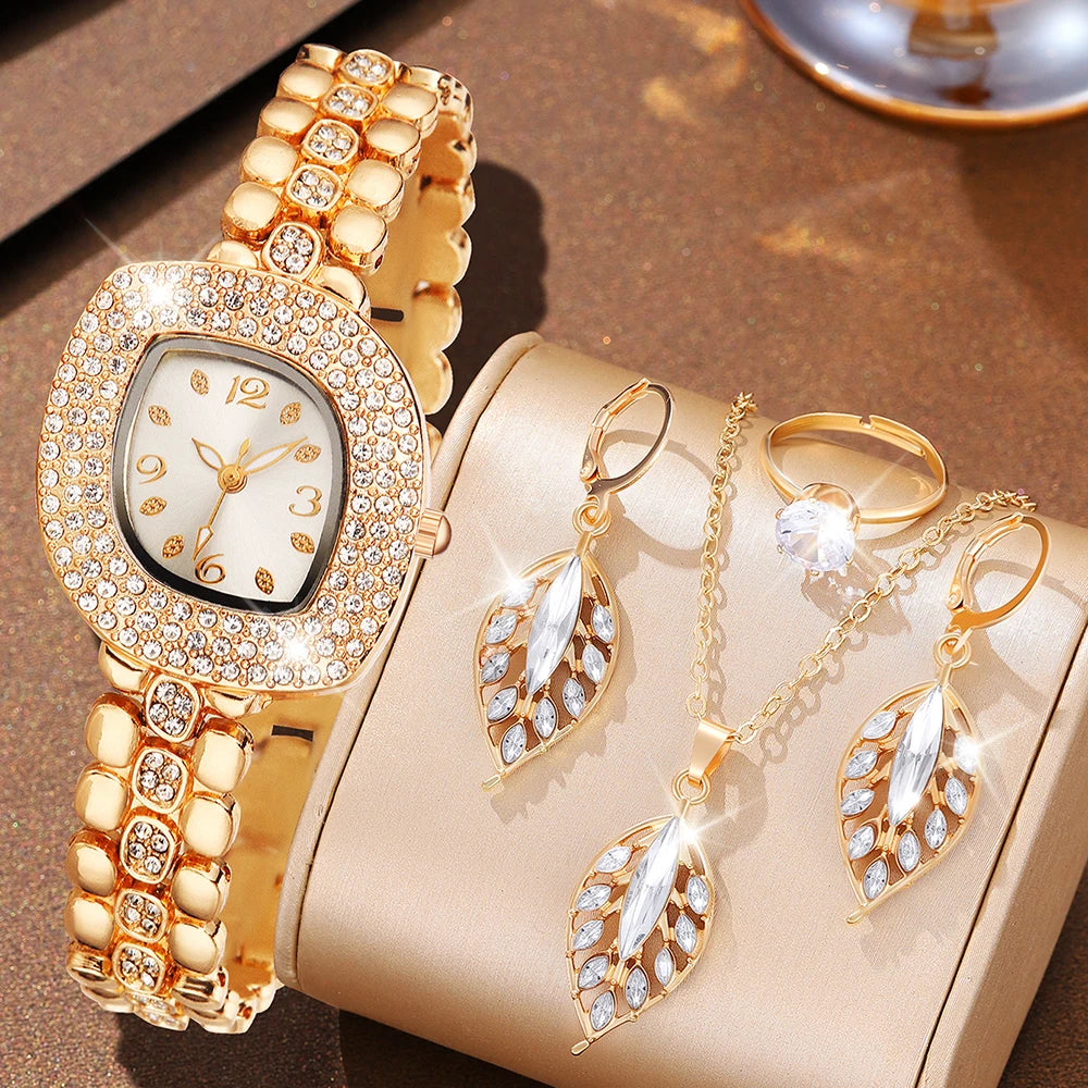 5PCS Fashion Women Watch Set Luxury Trendy Leaf Element Quartz Watch Necklace Earrings Set Suitable for Daily Clothing Matching Coffee