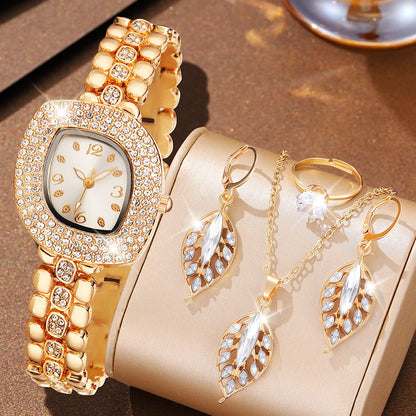 5PCS Fashion Women Watch Set Luxury Trendy Leaf Element Quartz Watch Necklace Earrings Set Suitable for Daily Clothing Matching Coffee