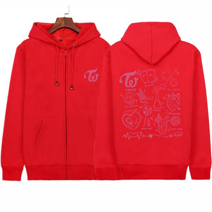 2023 Twice Kpop Album Print Hoodie Sweatshirts Long Sleeve Streewear Pullover Clothes Zip Up Hoodie Red