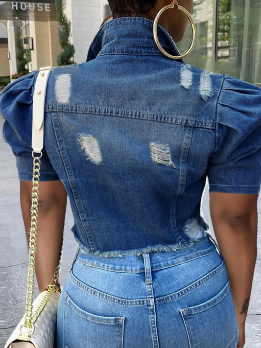 LW Spring Summer Plus Size Puff Sleeve Ripped Denim Jacket Street Plain Short Sleeve Button Turndown Collar Coat for Women