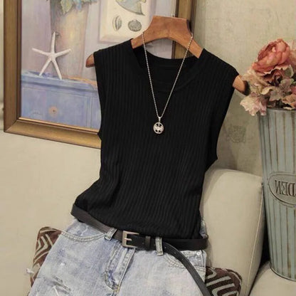Summer Women Knitted Loose Sweater Vests Sexy O-Neck Sleeveless Knitwear Tank Tops YRFZ-N6634