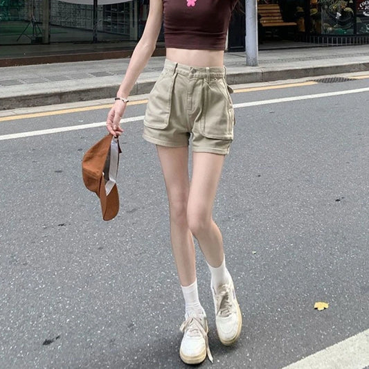 Khaki Pocket Baggy Short Jean Pants Woman Summer Korean Style Clothing Harajuku Fashion High Waist Cargo Denim Shorts for Women