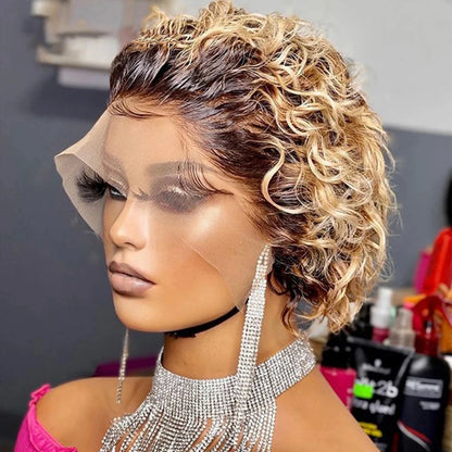 99J Burgundy Highlight Honey Colored Short Curly Pixie Cut Lace Wig Pre plucked Bob Wig 13x2 Lace Front Curly Human Hair Wigs