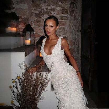 Sexy 3D Flower Deep V-neck Dress Women Slim Sleeveless Backless Split Hip Package Midi Dresses 2025 Spring Ladies New Vestidos