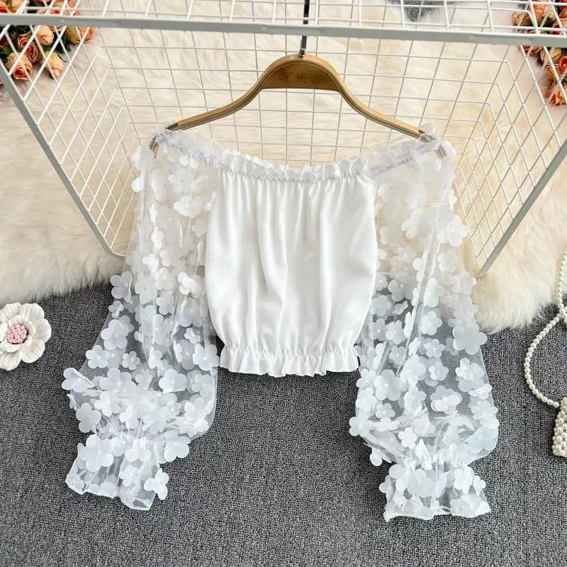 Off Shoulder Sexy Lace Blouses Women 2025 Spring Summer Korean Fashion Long Sleeve Tops Slim Flower Transparent Chiffon Shirts