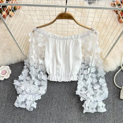 Off Shoulder Sexy Lace Blouses Women 2025 Spring Summer Korean Fashion Long Sleeve Tops Slim Flower Transparent Chiffon Shirts