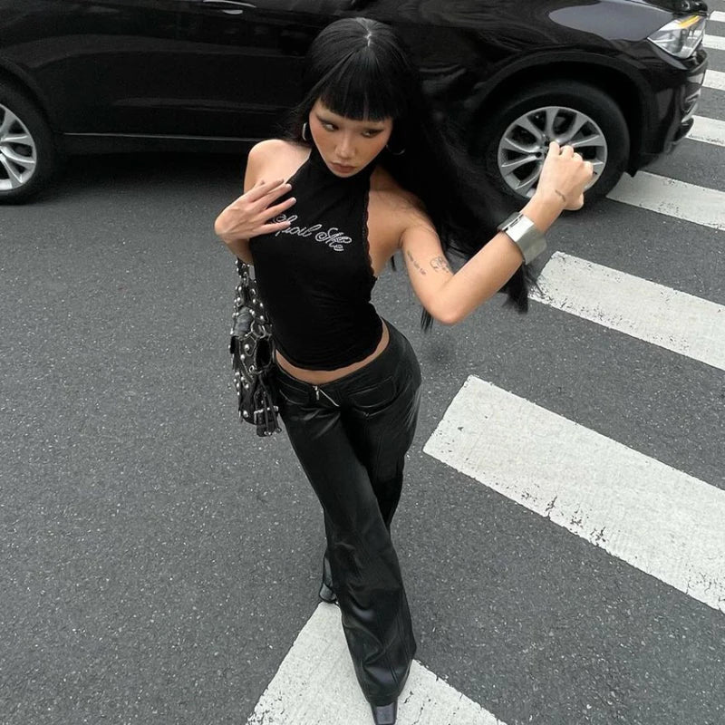 Dulzura Halter Sleeveless Crop Top Vest 2024 Summer Women Lace Patchwork Sexy Rhinestones Y2K Vintage Elegant Club