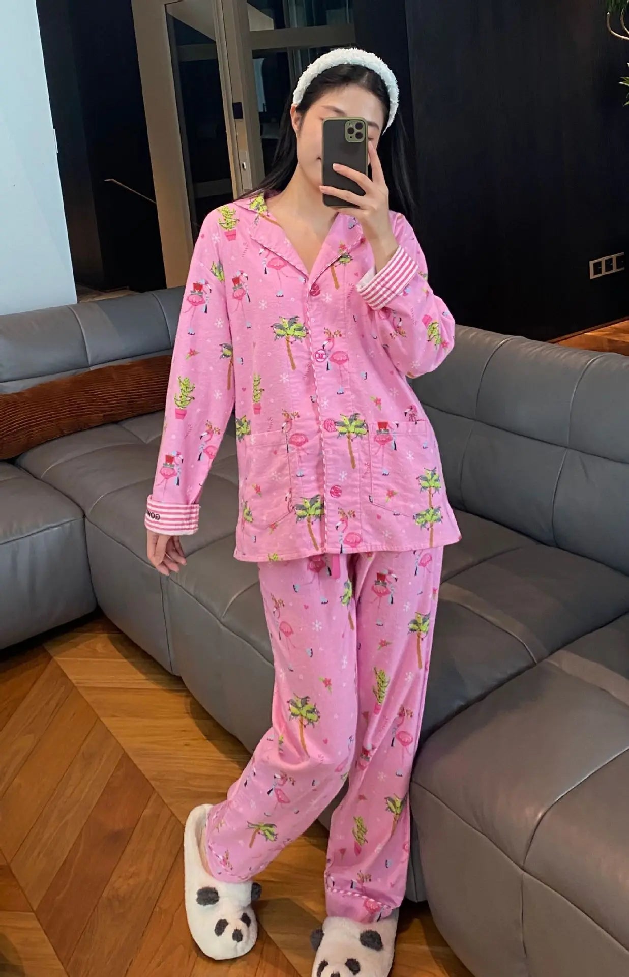 Women's Print Cotton Pajama Set Long Sleeve Autumn Winter Ladies Sleepwear 2 Pcs with Pant Single Breasted Pijama Suit Female