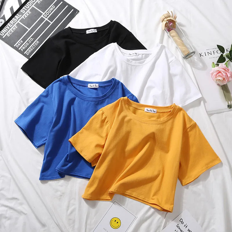 Summer Short Sleeve T Shirts Women Cotton Solid T-shirt O Neck High Waist Crop Top Tee Female Casual Loose T Shirt Badiee Stylez