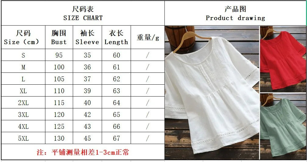 Fashion O-neck Short Sleeve White Lace Tops And Blouses Women 2024 Summer Loose Casual Cotton Linen Top Femme Blouse Shirt Woman