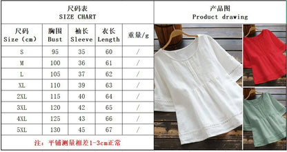 Fashion O-neck Short Sleeve White Lace Tops And Blouses Women 2024 Summer Loose Casual Cotton Linen Top Femme Blouse Shirt Woman
