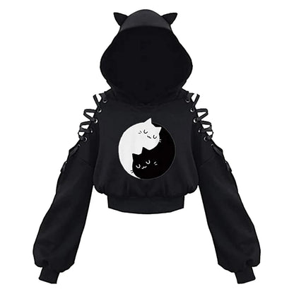 Y2k Gothic Womens Hoodie Cat Ear Crop Top Hooded Sweatshirt Hollow Out Lace Up Long Sleeve Hodded Casual Pullover Autumn B