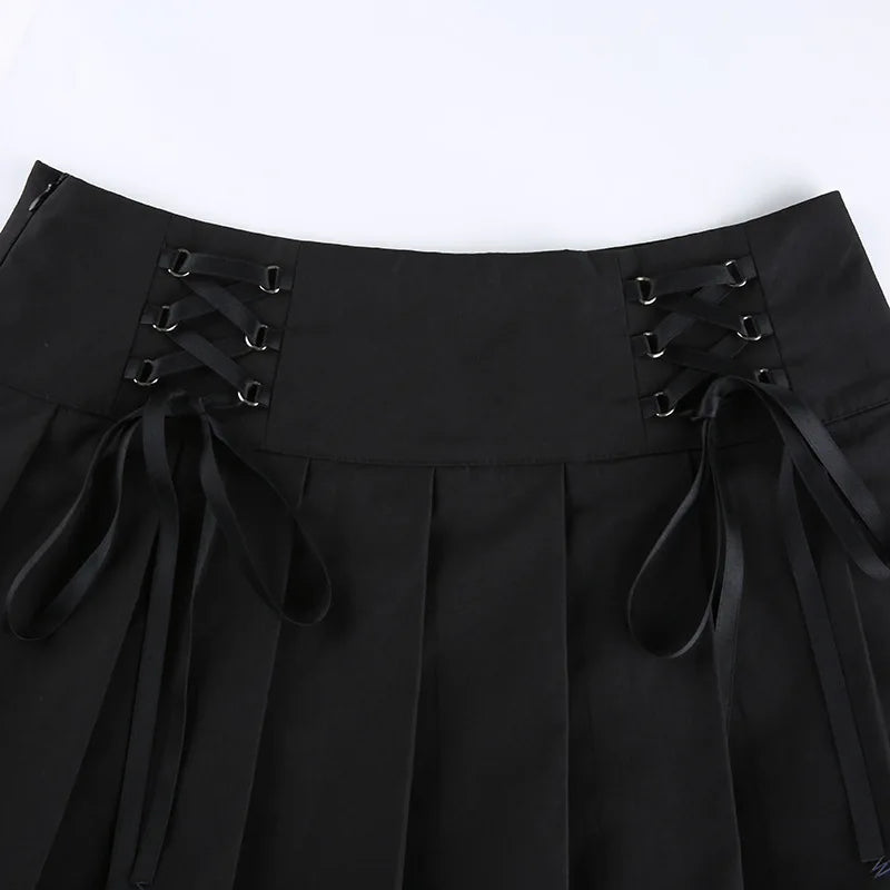 Girl Retro Pleated Skirt Lace Up High Waist Plaid Mesh Stitching Hem Y2K Aesthetic Gothic Black Mini Skirts Bodycon