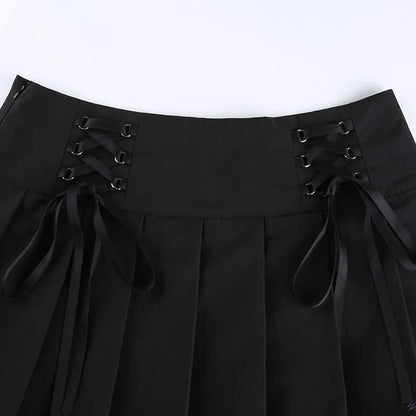 Girl Retro Pleated Skirt Lace Up High Waist Plaid Mesh Stitching Hem Y2K Aesthetic Gothic Black Mini Skirts Bodycon