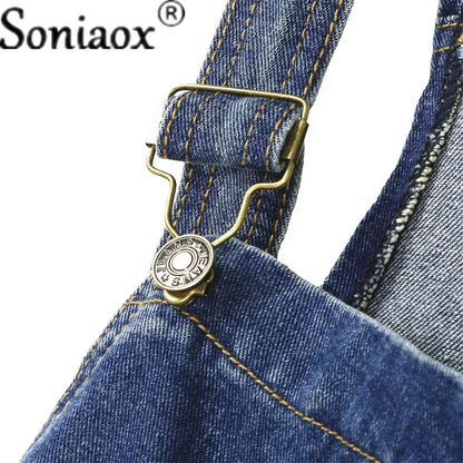 Casual Streetwear Hole Denim Jumpsuits Women 2024 Loose Suspenders Pocket Long Pants Waistline Straight Jeans Rompers