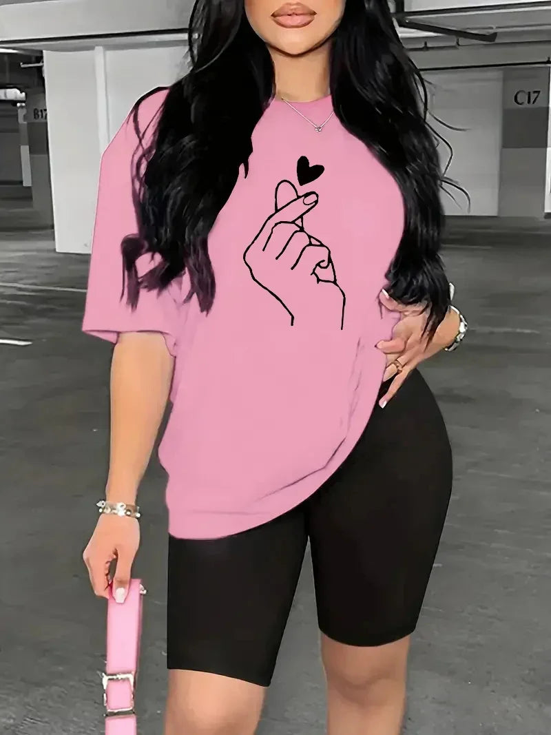 Summer women's hand heart gesture print casual loose round neck short sleeved T-shirt shorts two-piece set Badiee Stylez
