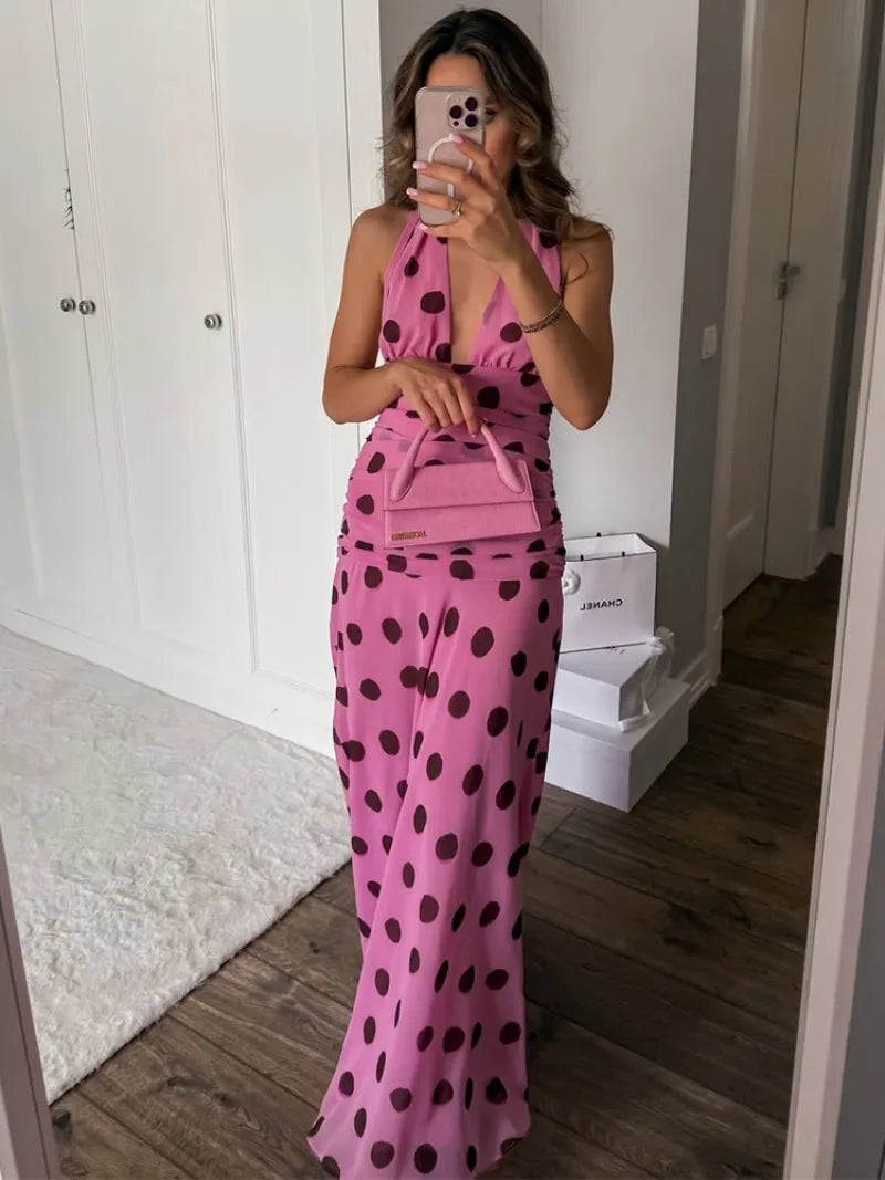 Trendix Pink Print Pleated Maxi Dress Women's Summer V Neck Sexy Backless Vintage Long Dresses 2025 Fall New Party Elegant Dress