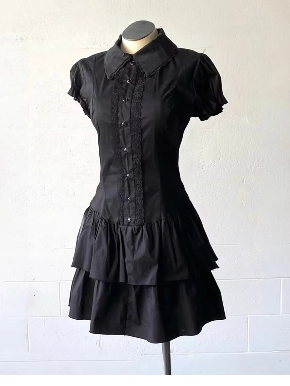 Vintage Black Y2k Dresses Lace Shirt Dress for Women Slim Waist All-match Dresses Short Sleeve Vestidos De Mujer Summer Dress