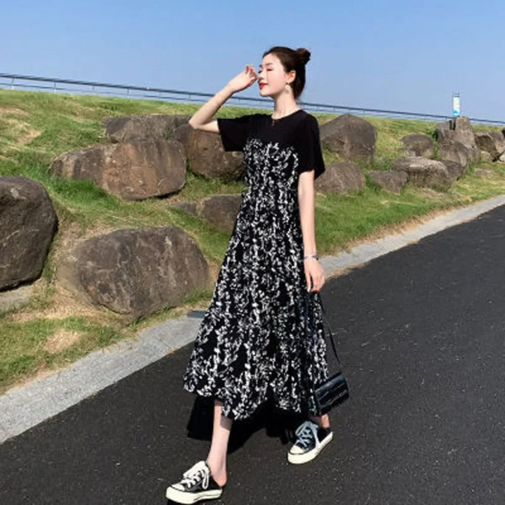 2024 New Summer Korean Version Elegant and Loose Floral Dress Short Sleeved Printed Patchwork Bandage for Women's Long Dress