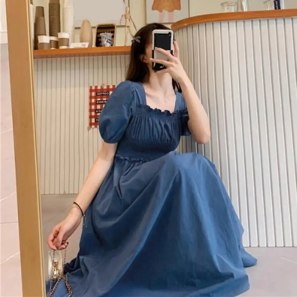 Summer Women Dress Pleated Shirring Square Neck Short Sleeve Bubble Sleeve Ladies Dress Solid Color Loose Hem Midi Dress