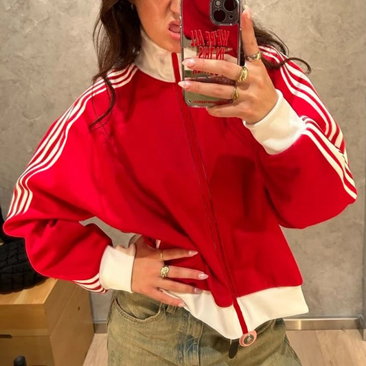 Women Sporty Zip Up Side Striped Jacket Autumn Casual Mock Neck Motorcycle Coats Tops Teen Girls Fashion Long Sleeve Sweatshirts