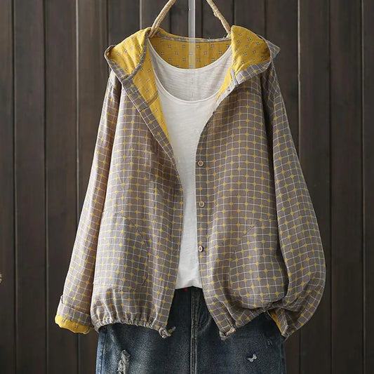 Women Spring Autumn Coat Hooded Drawstring Hem Long Sleeve Printing Loose Zipper Closure Jacket with Pockets Daily Wear Commutin