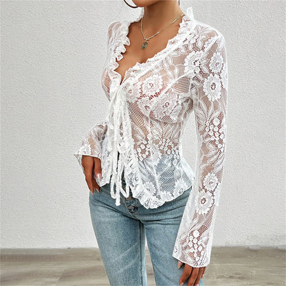 Women Gothic Lace Shrug Crop Tops Flare Long Sleeve Vintage Shirts Blouses for Cosplay Role-Playing Party Halloween Costume WHITE