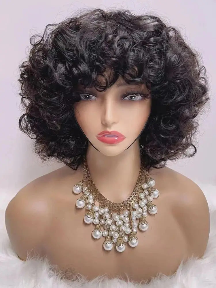 300% Pixie Cut Human Hair Wigs For Women Afro Rose Curly Funmi Glueless Wigs Human Hair Short Bouncy Curly Bob Wig With Bangs Badiee Stylez