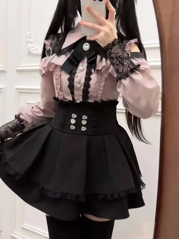 Y2k Aesthetic Lolita Style Bow Dress Shorts Set Japanese Women Gothic Lace Flare Sleeve Button Shirt Dress Punk Party Mini Dress 319