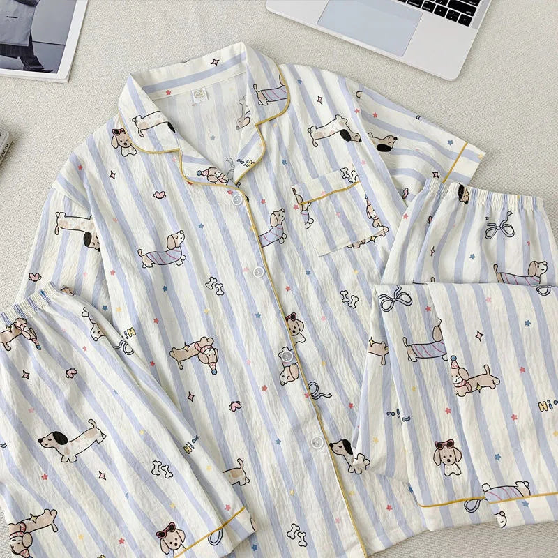 Summer Cloud Cotton Spwear Set Women's ort Sve Long Pants Home Clothes Cartoon Print Comfortable Breathable Nightgown Cz three-piece setStriped dog